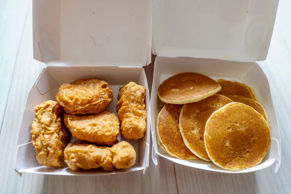 This is the appearance of the Pokémon toys from the Happy Meal at McDonald's in Japan, featuring chicken nuggets and pancakes. As expected for children, the portions are small and not quite enough for adults.