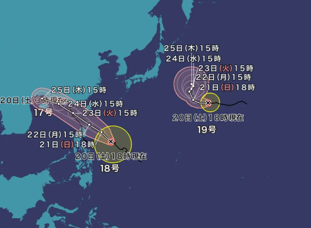 17号、18号、19号台風の予想進路
