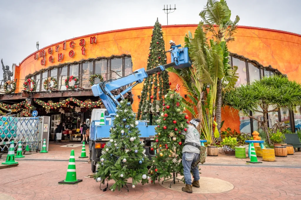 A person setting up Christmas decorations